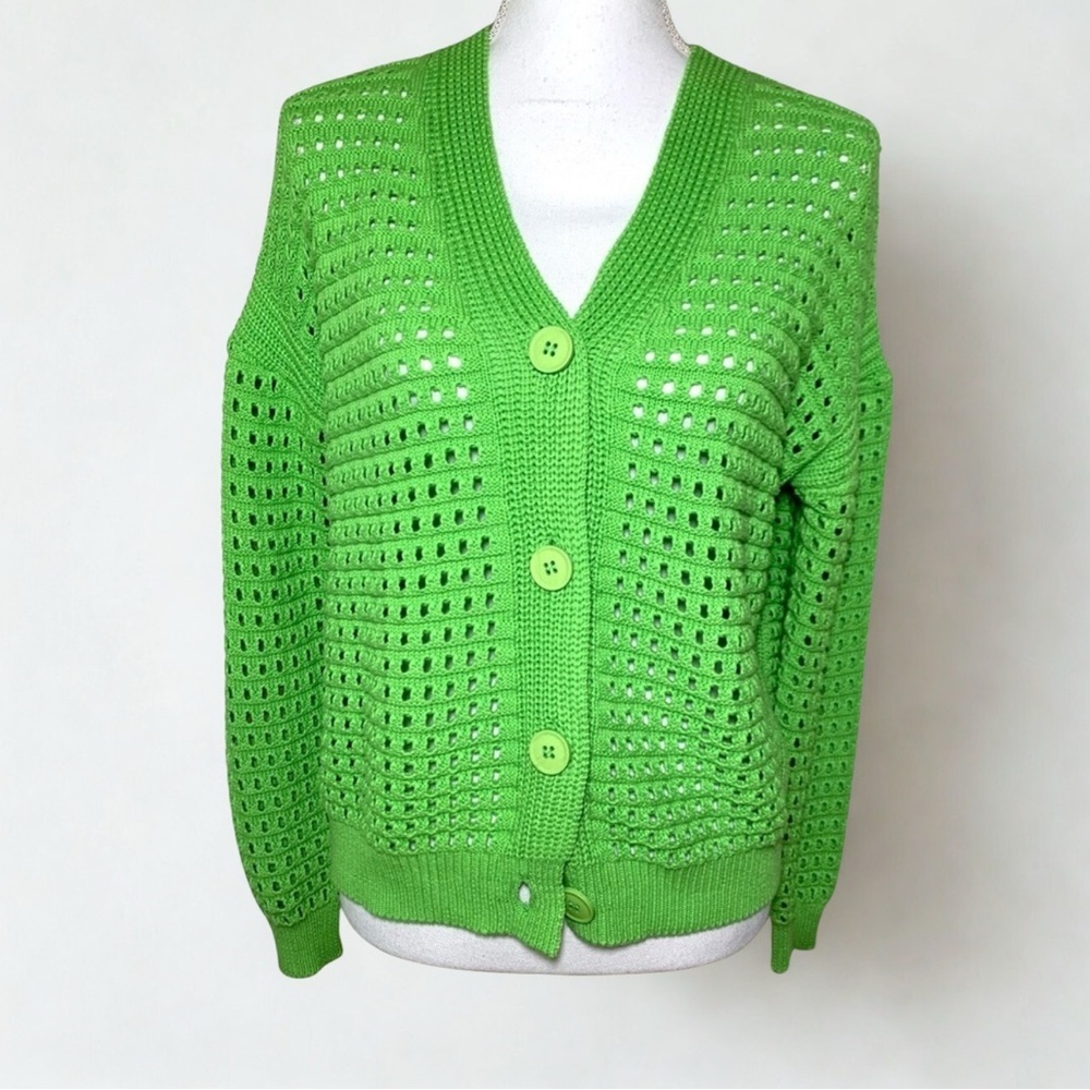 NWT Elena Wang Green Cardigan Sweater Open Weave Women Size Small 100% Cotton